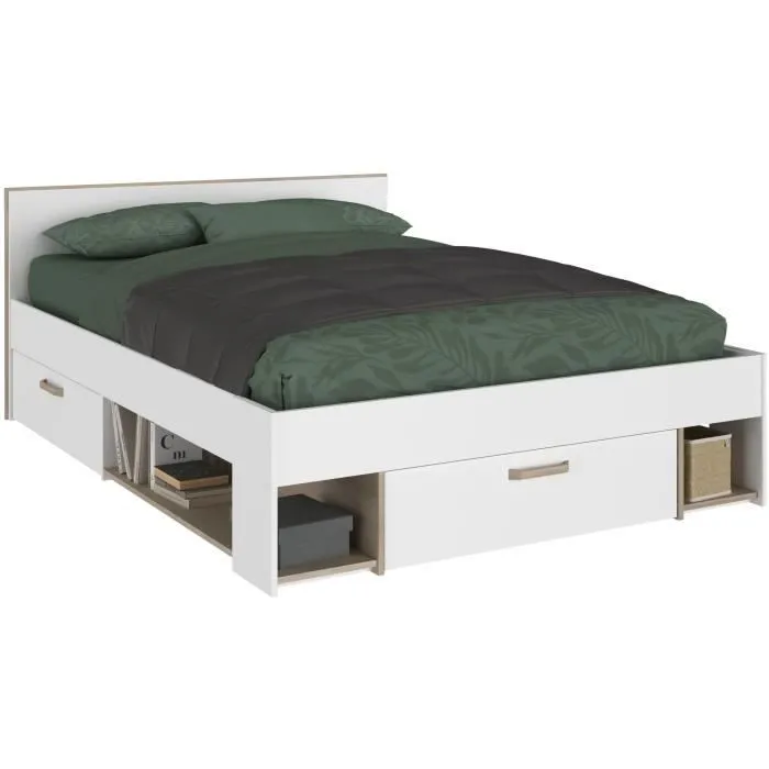 Lit adulte DREAM 140 x 190/200 cm - 3 tiroirs - Décor blanc et chêne - PARISOT-0