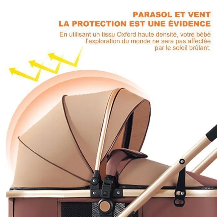 K IKIDO Poussette,poussette pliable-Longueur 82 cm, largeur 37 cm-Ceinture de sécurité à 5 points-chargé 53 kg-marron-2