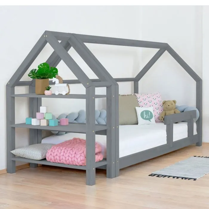 Lit cabane avec étagère 90 x 160 gris-1