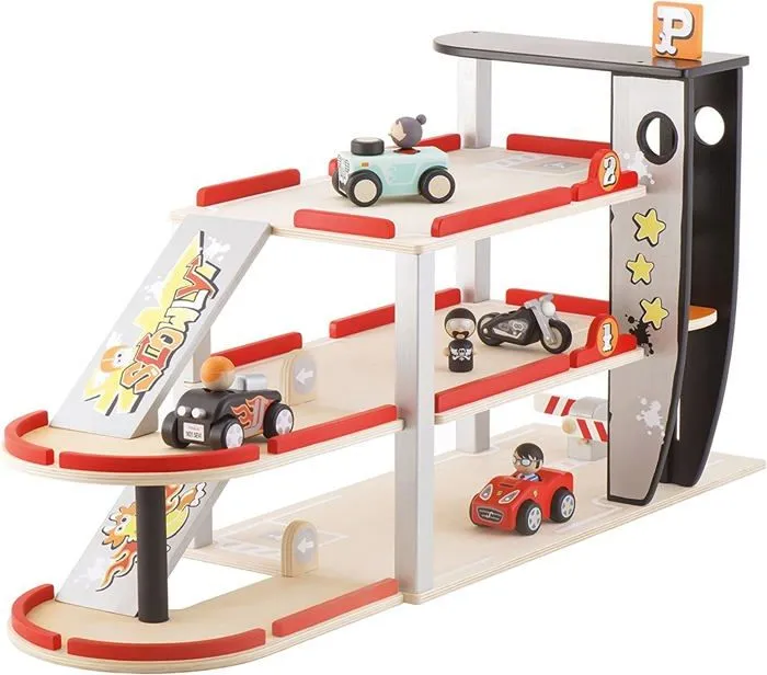Garage à voitures SEVI - Parking en bois rouge 47 x 57 cm - Pour enfants à partir de 3 ans-0