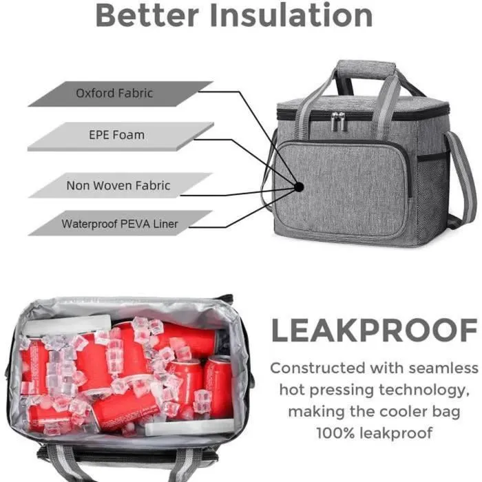 Sac Isotherme 15L, Glacière Souple Isotherme, Sac Picnic Pliable Grande Capacité Imperméable Sac Réfrigérant à Repas Gris-1