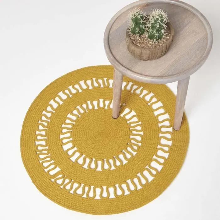 Tapis rond tissé à plat en coton ajouré Jaune Moutarde, 70 cm-1