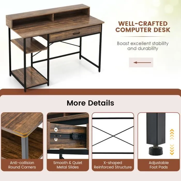 COSTWAY Grand Bureau - Support d’Écran pour 2 PC, Style Industriel 120 x 56 x 90,5 CM, 2 Tiroirs, 2 Etagères Marron-1