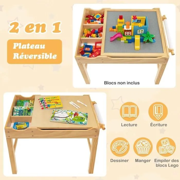 COSTWAY 2 en 1 Table pour Enfants avec Plaques lego, Rangement Caché, Plateau Réversible avec Rouleau de Papier pour Dessiner 3 Ans+-1