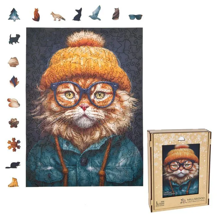 Puzzle en bois pour Enfants - Série Cold is cool - Le froid, c'est cool - Chat gingembre - 27,5 x 37cm - 316 Éléments - Milliwood-0