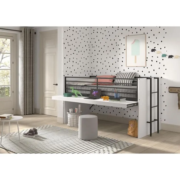 Lit mi-haut - Vipack - SAHS8514 - 90x200 cm - Blanc - Contemporain - Bureau coulissant-3