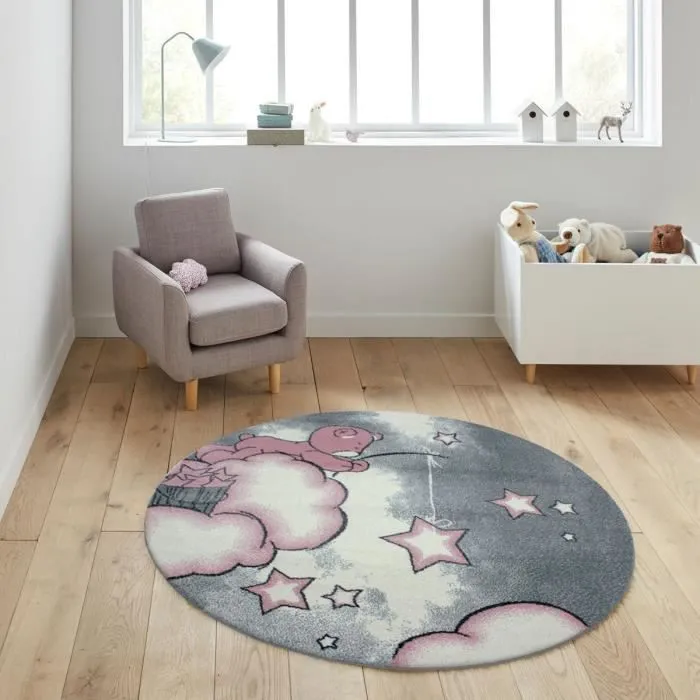 Tapis enfant - Ourson Rose - 120 x 120 cm - 100% PP Frisé 11mm-1