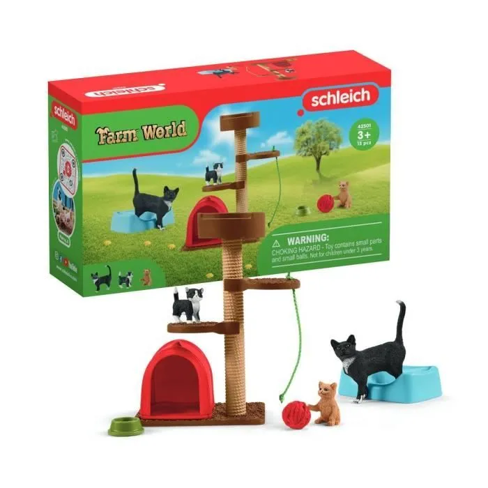 Coffret Aire de jeu pour chats adorables, figurines d'animaux avec chats, pour enfants dès 3 ans, Schleich 42501 Farm World-0