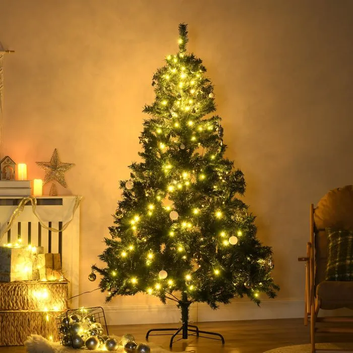 Sapin de Noël artificiel - HOMCOM - 745 branches - lumineux 200 LED blanc chaud - boules décoratives - Ø 112 x 180 cm - vert-1
