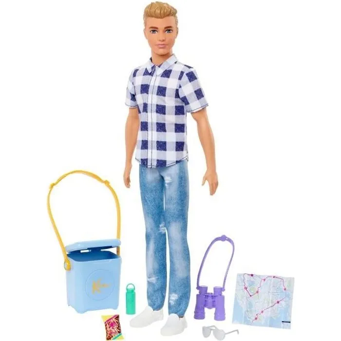 Poupée Barbie Ken Camping - 3 ans et + - Chemisette à carreaux, jean, paire de tennis - 6 accessoires inclus-0
