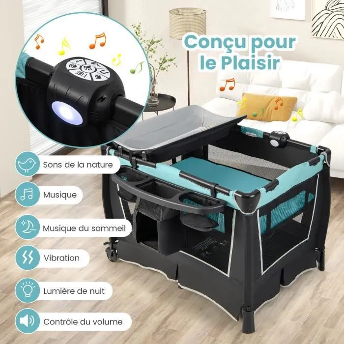 COSTWAY 6 en 1 Lit Parapluie Bébé avec Matelas,Barre Détachable avec Auvent Réglable,2 Jouets Musical et Sac Transport 0-3 Ans Vert-2