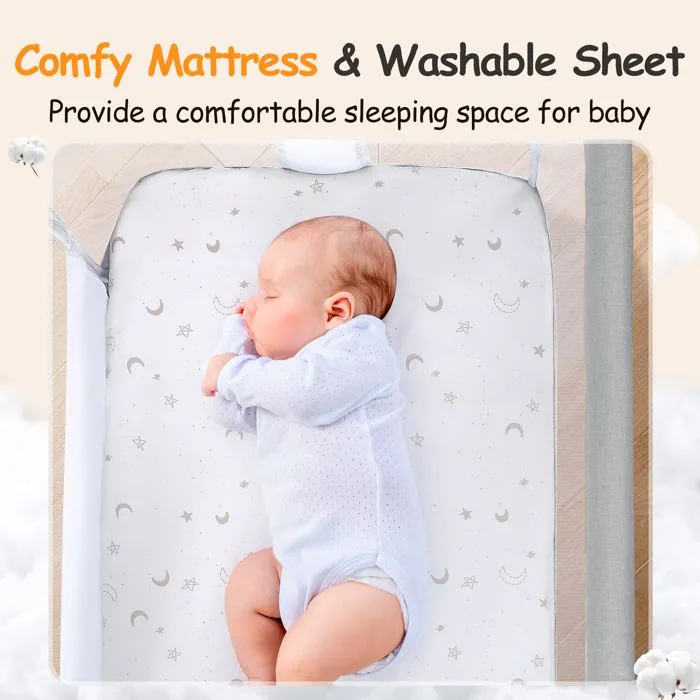 Lit Bébé Cododo 3 en 1, Lit Parapluie à 10 kg,Hauteur Réglable 7 Niveaux,avec Matelas, Côté Repliable,Maille Respirante, Gris clair-2