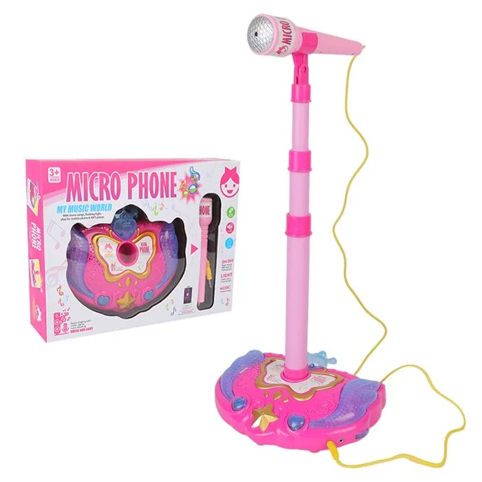 Micro Enfant sur Pied Karaoké Enfants - Avec Lumière Colorée - Micro Enfant pour Chanter Fille Garçon - Rose-0