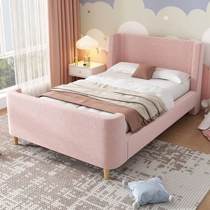 Lit d'enfant - GUTENT - Traîneau - 90 x 200 cm - Velours doux - Rose-0