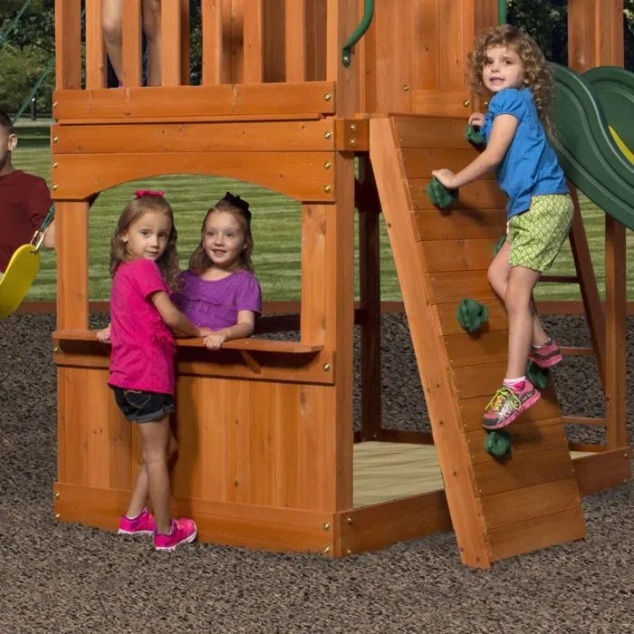 Aire de jeux en bois Backyard Discovery Atlantic avec balançoire, toboggan, bac de sable et mur d'escalade-4