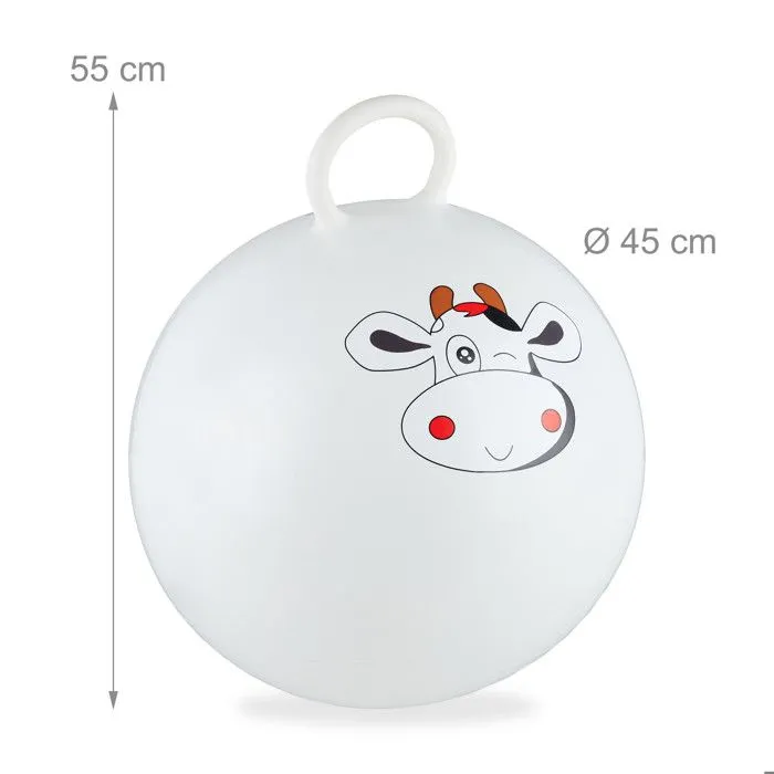 Relaxdays Ballon sauteur enfants, motif vache, poignée, diamètre 45 cm, intérieur et extérieur, jusqu’à 150 kg, blanc-3