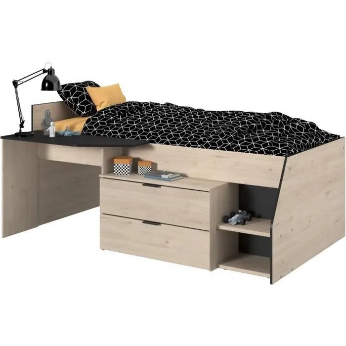 Lit Combiné enfant PARISOT Kim - Chêne Jackson et Noir - 90x190/200 cm-0