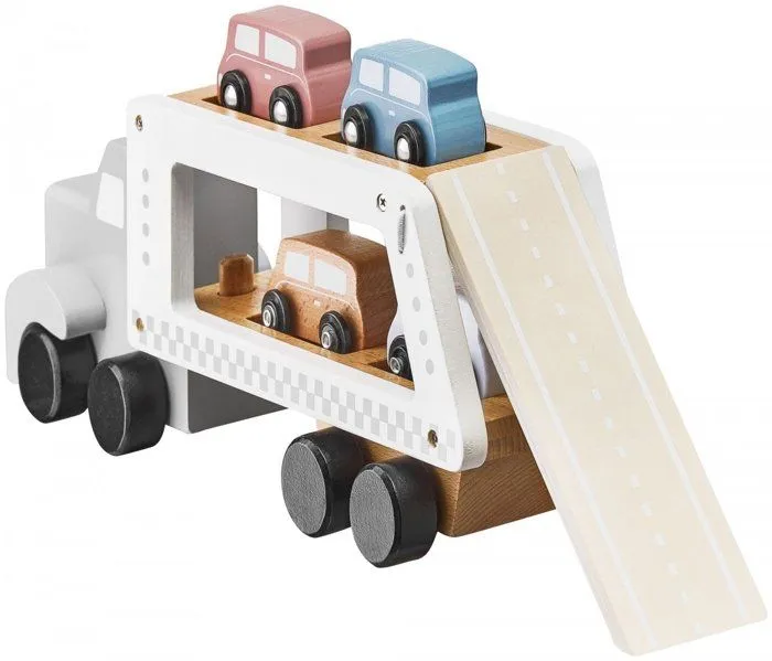 Mamabrum Camion Porte Voitures en Bois Premier âge - Transporteur avec Piste de remorquage – Dépanneuse à 4 Voitures Couleurs Pastel-4