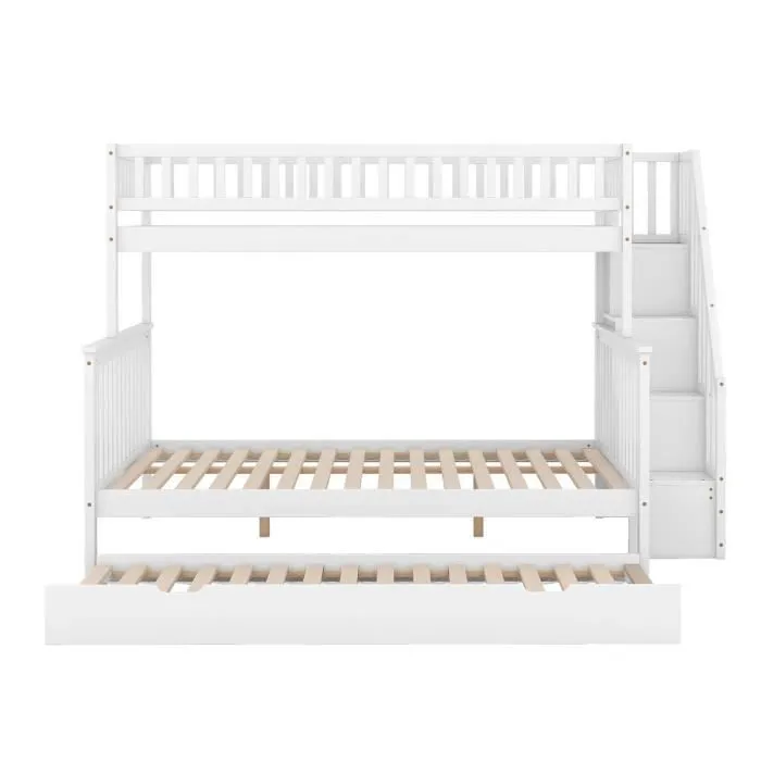 Lit superposé 90x200cm + 140x200cm, lit gigogne 90x198cm, escalier de rangement, cadre en pin, blanc-2
