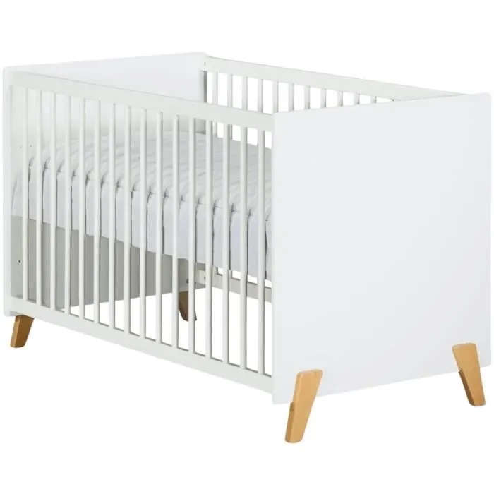 Lit bébé - 120 x 60 cm - Babyprice Joy Naturel - Blanc - Sur pieds en bois naturel-2