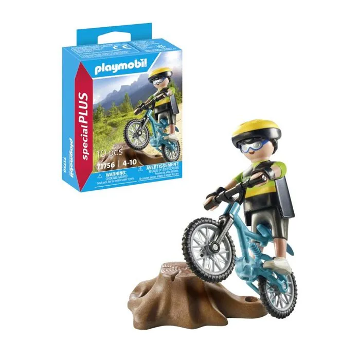 Cycliste avec vélo tout terrain et souche d'arbre-2