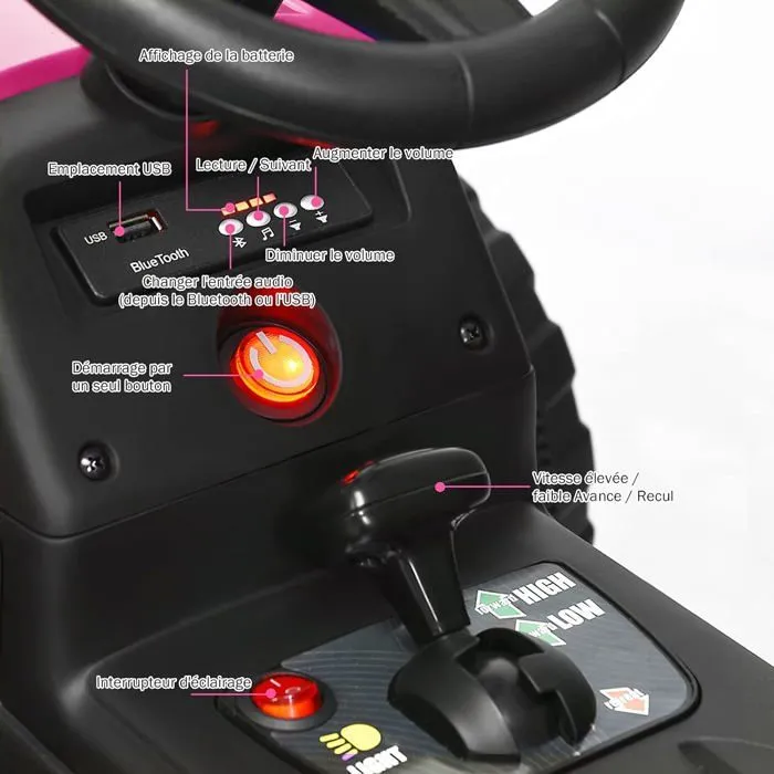 COSTWAY 12V Tracteur Électrique Enfants à 6 Pneus - Pelle, Remorque Amovible, LED, Musique - Télécommande 2,4G, 3-8km/h, Rose-4