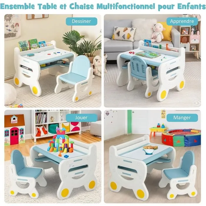 COSTWAY Table et Chaise pour Enfants à Dessin - 5 Stylos, Gomme, Espace de Rangement Caché 3-8 Ans Bleu-1