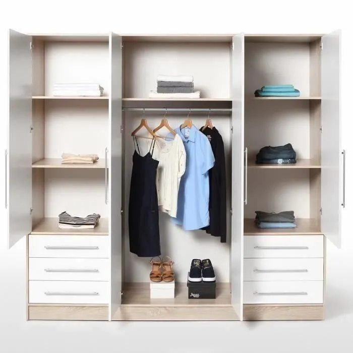 Armoire 4 portes battantes + 6 tiroirs - Chêne et blanc - L 206 x P 60 x H 200 cm - JUPITER-1