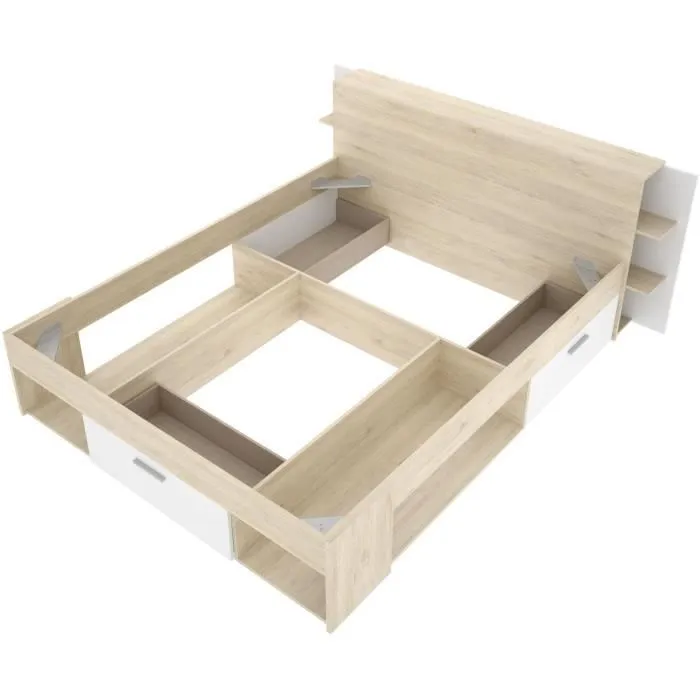 SAX Lit adulte - 140x190 cm - 3 tiroirs + Tête de lit avec rangement - Décor chêne et blanc-7