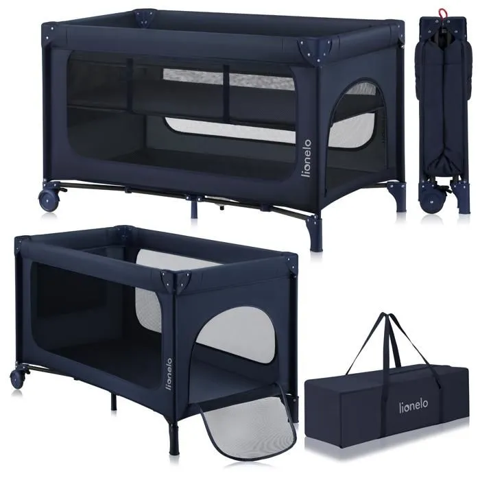 Lit parapluie 2en1 LIONELO Jasmin - Parc bébé - Matelas en mousse T25 - Pliage Rapide - 2x Roulettes - Jusqu'à 15 kg - Bleu-0