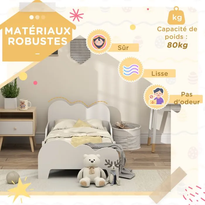Lit pour enfant - AIYAPLAY - 3 à 8 ans - barrière de sécurité, sommier à lattes inclus - 143,5 x 74,5 x 56 cm - blanc-5