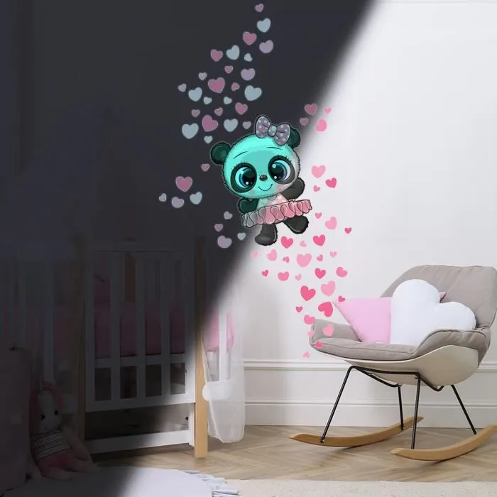 Sticker phosphorescent lumineux - PANDA BALLERINE ET 70 CŒURS - Autocollant mural plafond enfant fluorescent - 30x30cm-2
