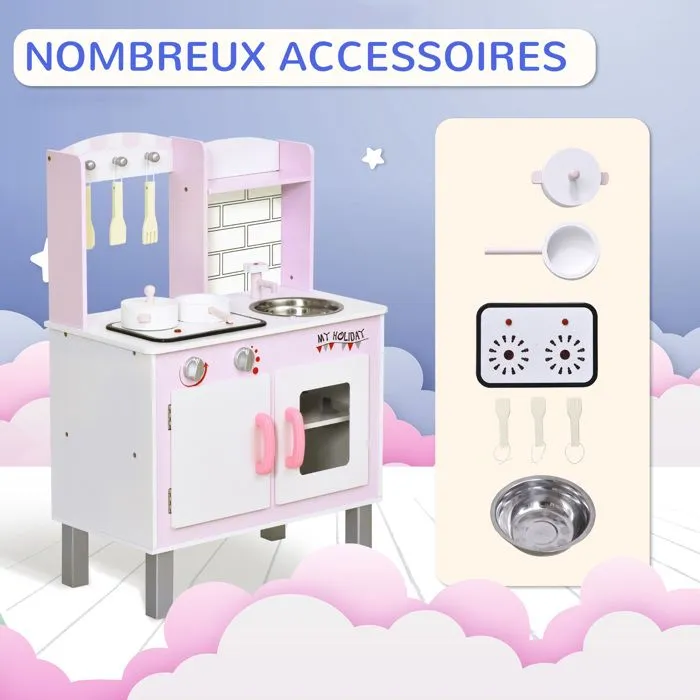 Cuisine bois jeu d'imitation - cuisine rose enfant - nombreux accessoires & rangements inclus - fonction sonore - MDF pin rose-5