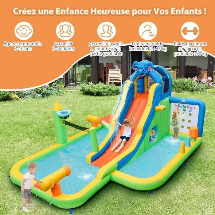 COSTWAY 9 en 1 Château Gonflable en Forme Éléphant avec Toboggan & Mur d'Escalade pour Enfants, 378 x 469 x 250 CM, sans Souffleur-1