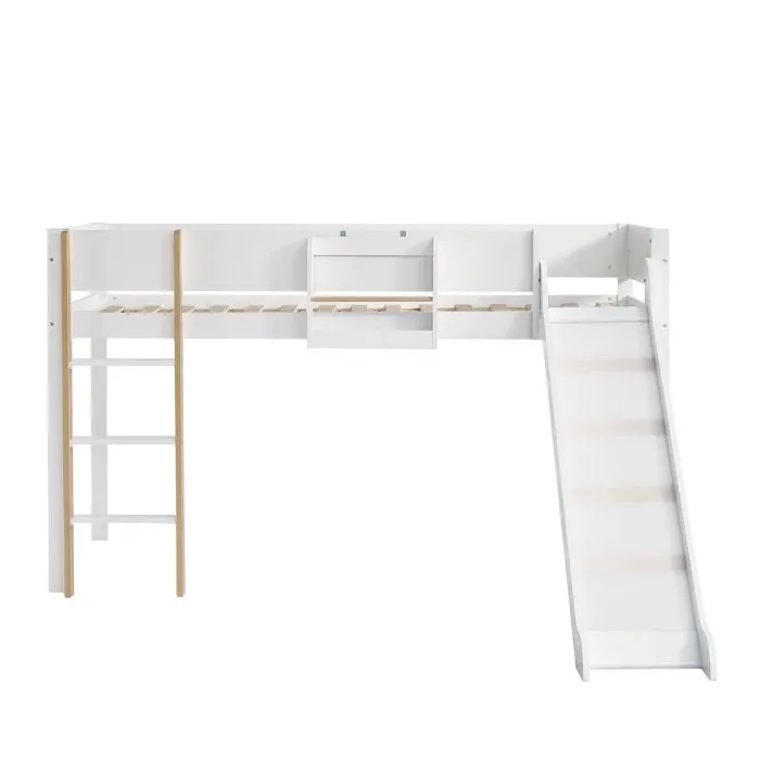 Lit mezzanine 90x200 cm avec une étagères amovible - avec échelle et toboggan - en bois de pin et MDF - Blanc-4