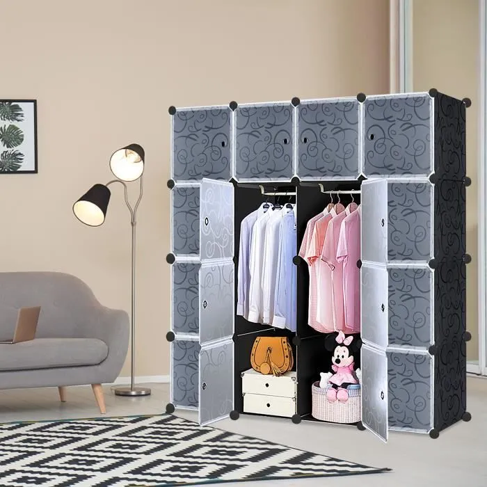 Armoire de Chambre - LZQ - 16 Cubes - Plastique Résistant - Noir - 140 x 140 x 35 cm-2