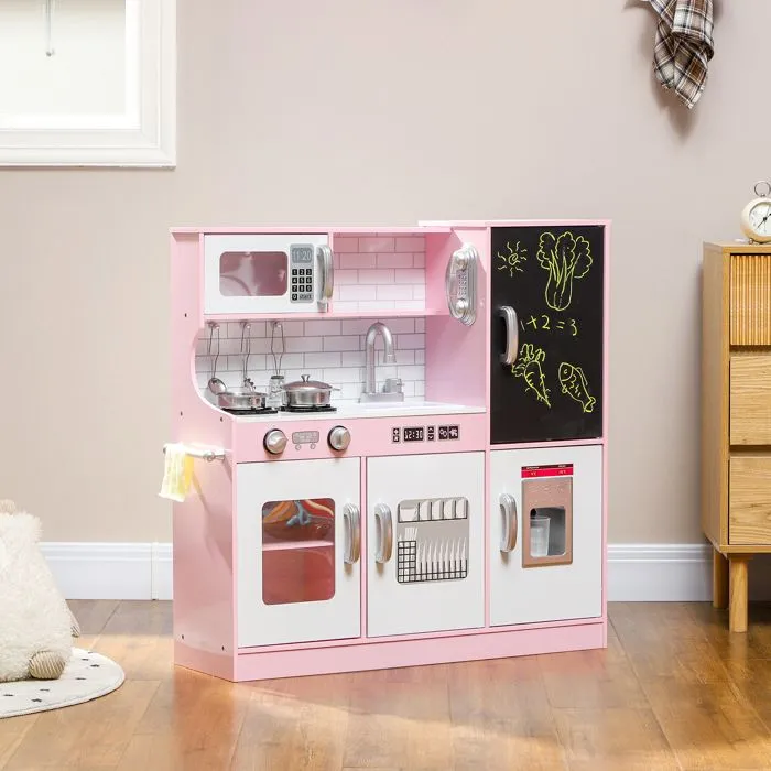 Cuisine enfant AIYAPLAY jouet d'imitation - dinette enfant de 3-8 ans téléphone, tableau noir, micro-ondes, cuisinière, évier, rose-2