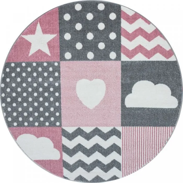 Tapis Enfant PATCHWORK - AYYILDIZ - 120x120cm - Rose & Gris - 100% Polypropylène 11mm-0