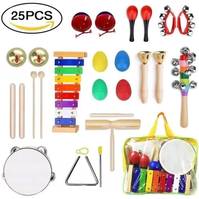 NetBoat Instrument de Musique pour Enfant, 25 Pièces Instruments de Musique en Bois Percussion pour Bébé avec Xylophone,Tambourin-0