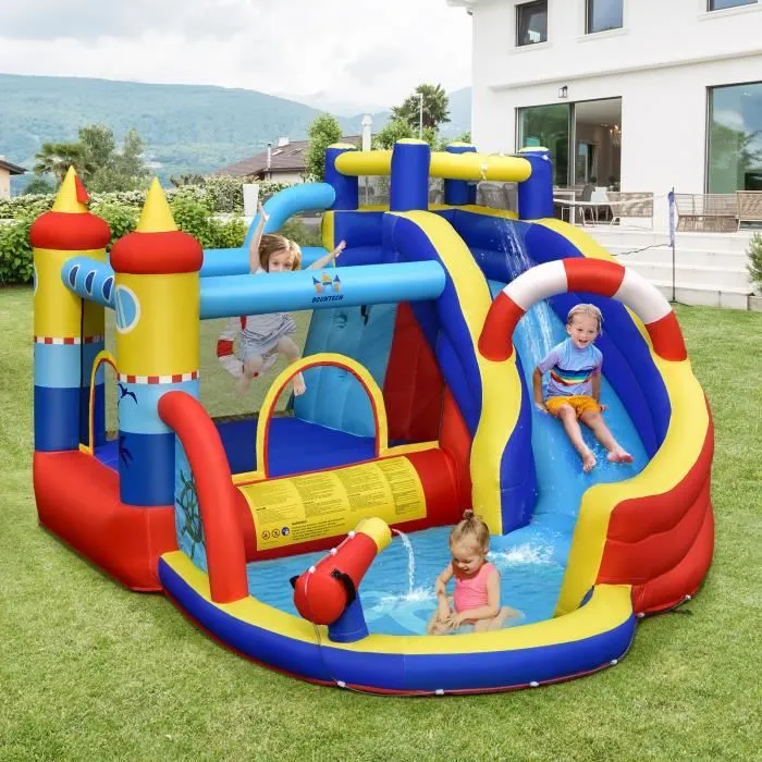 COSTWAY Aquatique Gonflable 6 en 1 avec Toboggan Incurvé Piscine à Eclaboussures Jeu Cible et Canon à Eau sans Gonfleur pour Enfants-0