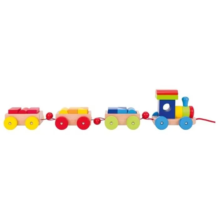 Train en bois Orlando - Cubes de construction - Bébé - Rouge et jaune-3