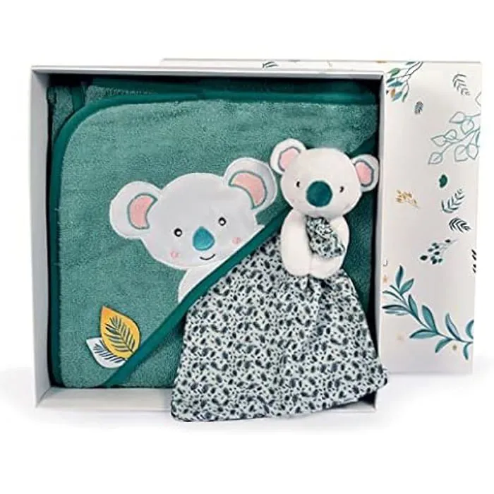 Cape de Bain Bébé - DOUDOU ET COMPAGNIE - Modèle YOCA Koala - Coton Doux - 80x80 cm - Bleu et Vert-0