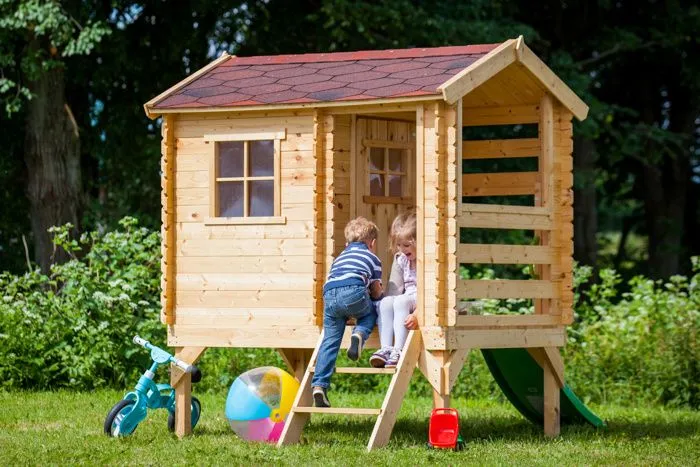 Maisonnette en bois avec toboggan - 82x146xH205cm/1.1m2 - maison jardin enfant exterieur bois - Timbela M501C-0