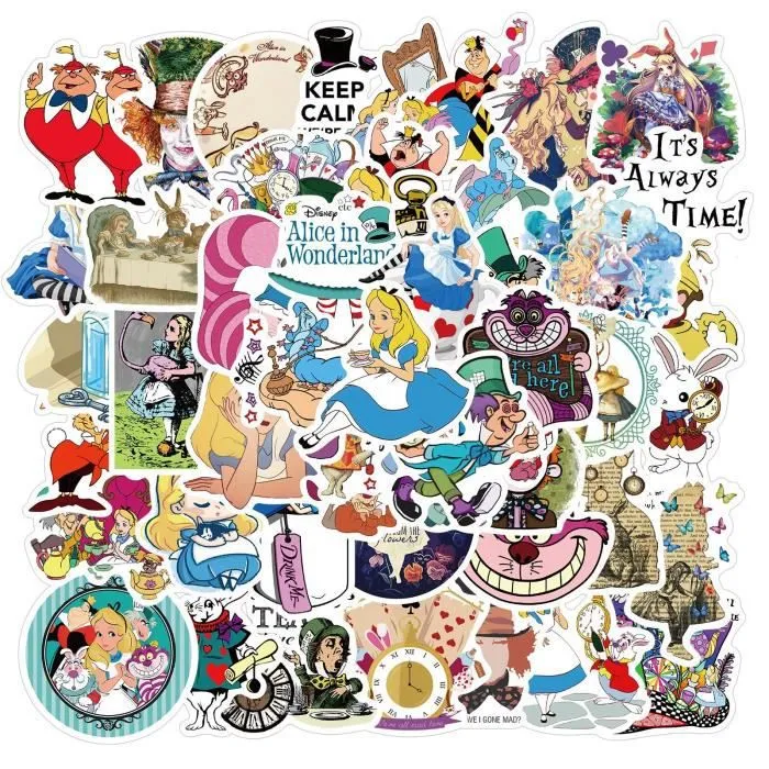50pcs -Autocollants du film Disney Alice au pays des merveilles, étiquette étanche, Skateboard, guitare, bagage, ordinateur portable-1
