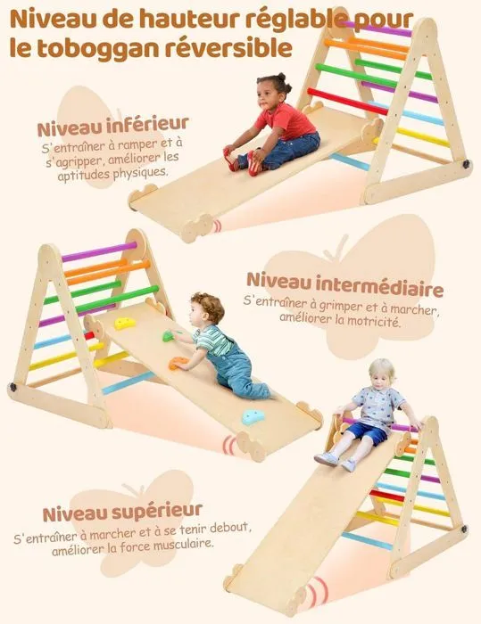 7 en 1 Triangle Arche Montessori, Arche d'escalade avec Toboggan Bois, Rampe, Échelle Réglable, pour Tout-Petits Bébé 1 Ans+-3