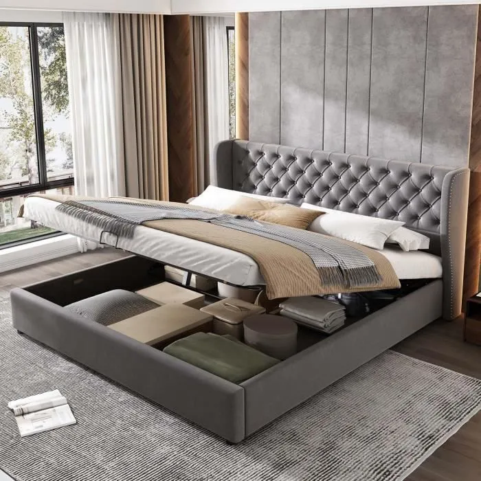 Lit coffre 160x200cm, avec sommier à lattes et espace de rangement, en velours, gris (sans matelas)-0