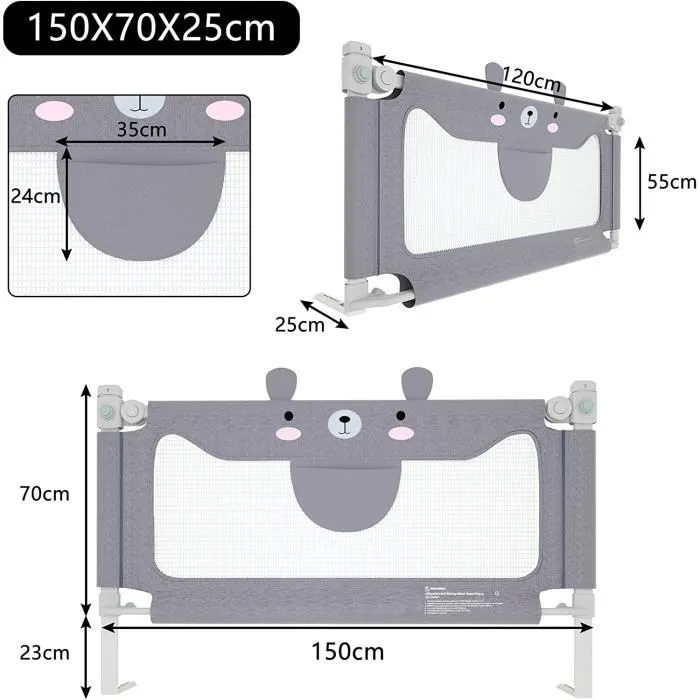 LARS360 Barrière de lit pour enfant - 150 cm - Protection contre les chutes - Lit réglable en hauteur - Sécurité anti-chute-1
