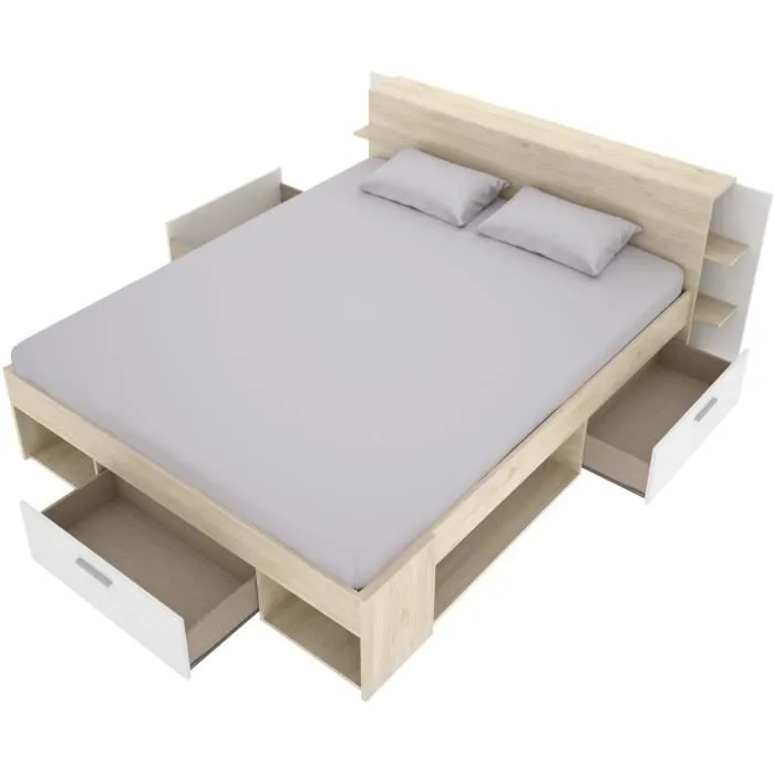 SAX Lit adulte - 140x190 cm - 3 tiroirs + Tête de lit avec rangement - Décor chêne et blanc-5