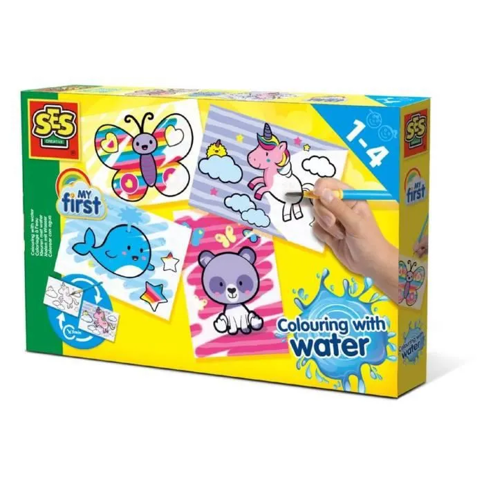 Coloriage à l'eau - SES CREATIVE - Animaux fantastiques - Jouet - 4 cartes de peinture magique - Pinceau-0