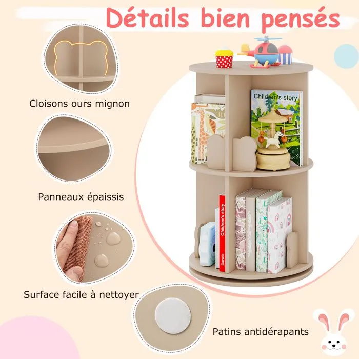 COSTWAY Bibliothèque d’Angle Ronde et Rotative pour Enfants à 2 Niveaux Étagère de Rangement Pivotante à 360° 40 x 65 cm Naturel-4